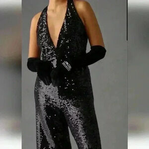 Anthropologir by Maeve Black Sequin Halter Top V-cutout Wide Leg Jumpsuit 20W EC